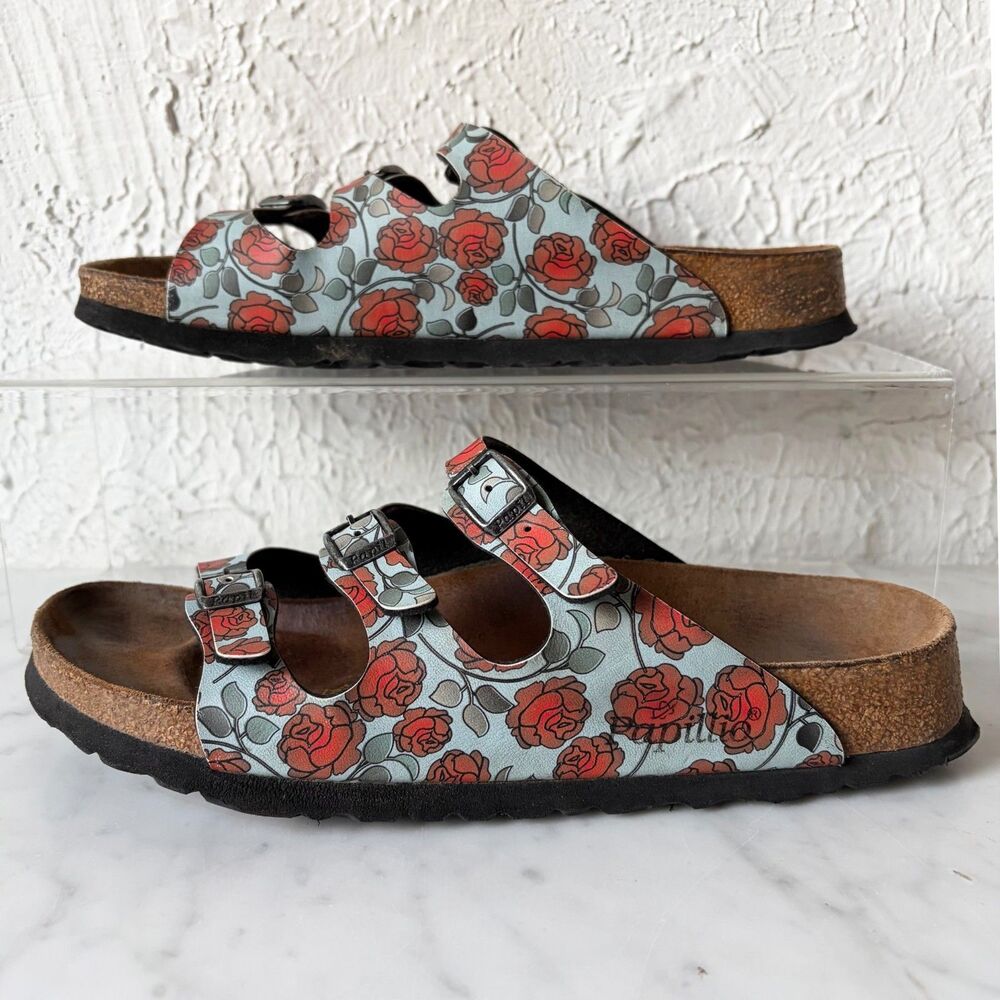 Papillio Birkenstock Florida Rose Floral Blue Red Sandals EU 40 US 9 Germany - Picture 2 of 8